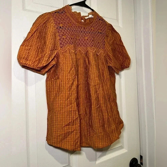 Anthropologie Mine size Medium Honey Puff Sleeve Mini Plaid Blouse - Picture 2 of 8